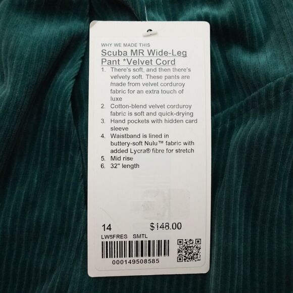 Lululemon Size 14 Scuba Mid Rise Wide Leg Velvet Cord Pants Green SMTL Corduroy - Picture 8 of 8